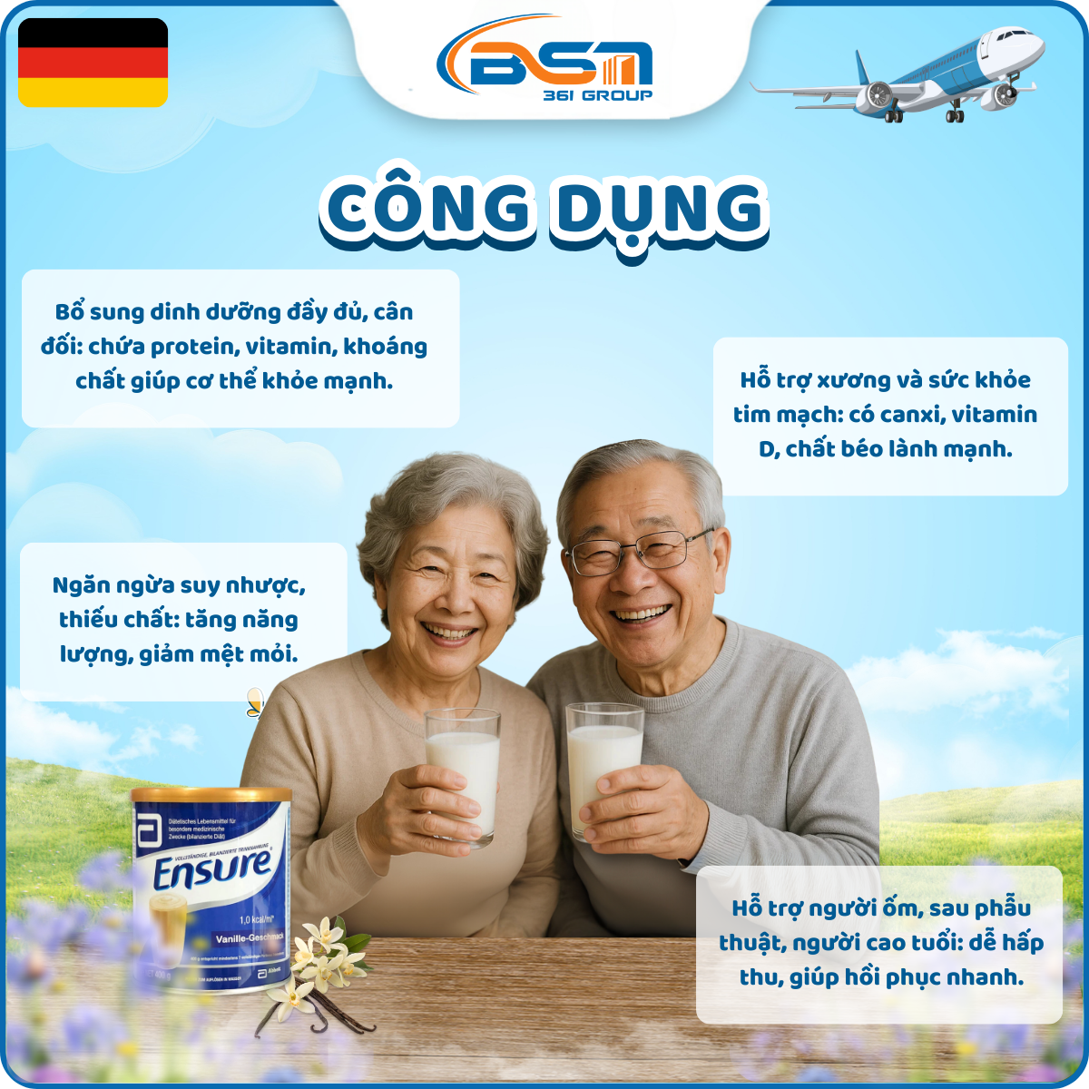 Công dụng sữa bột Ensure Đức hương Vani