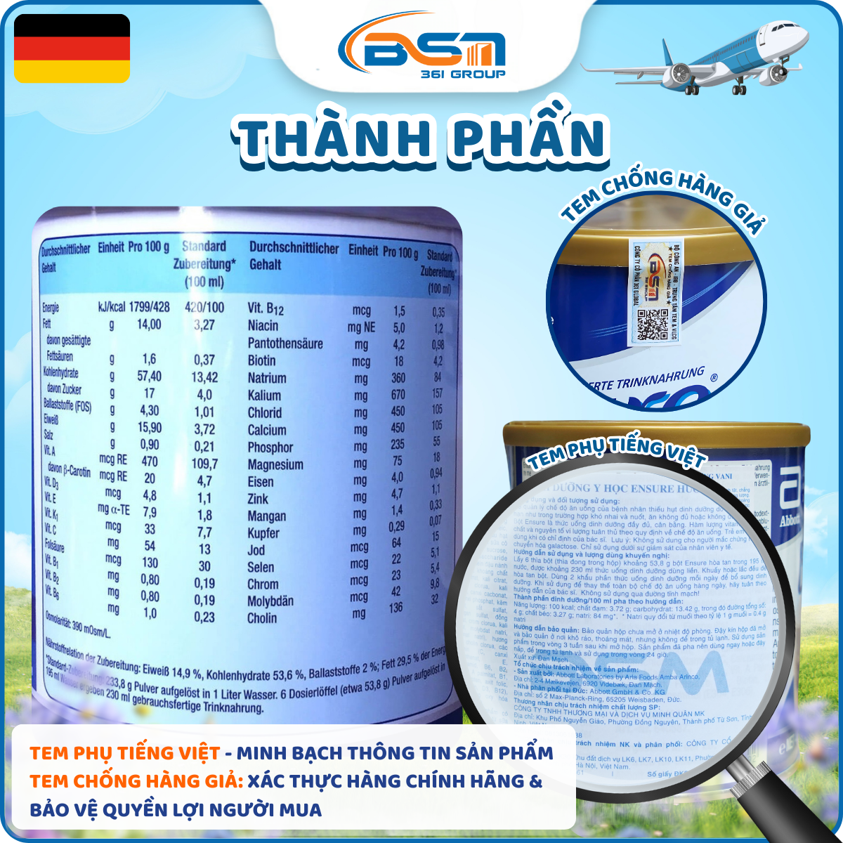 Thành phần sữa Ensure Đức - 400g